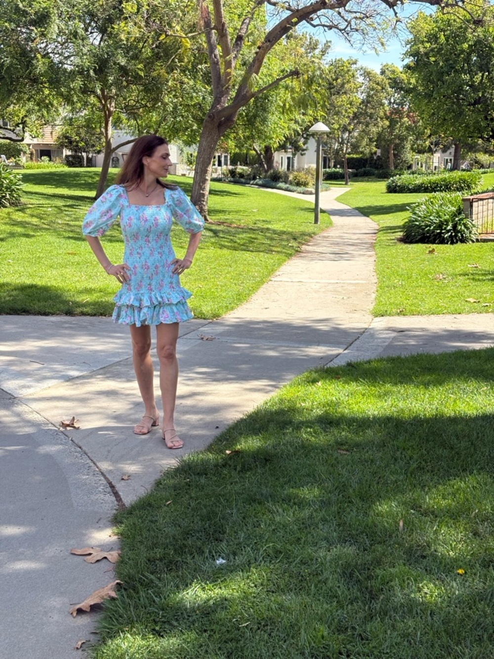 BYTIMO Dropped Waist Camelia Shirred Floral-print Cotton Mini Dress Turquoise M - Picture 11 of 12